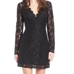 WAYF Black Lace Long Sleeve Deep V Floral Lace Mini Dress Size S